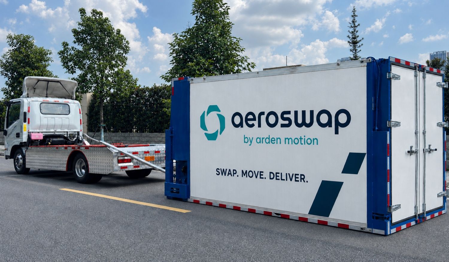 Aeroswap S1 with its large single module set down on the road beside the truck